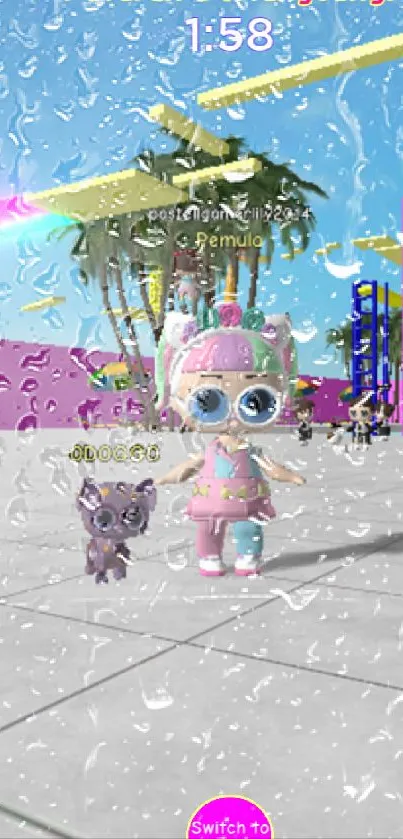 Virtual scene with a cute character and pet under a vibrant sky.