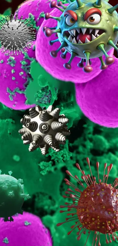 Colorful virus cell art with vivid hues and animated microbes.