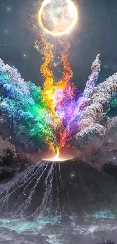 Colorful volcanic eruption under a full moon, creating a surreal and mystical scene.