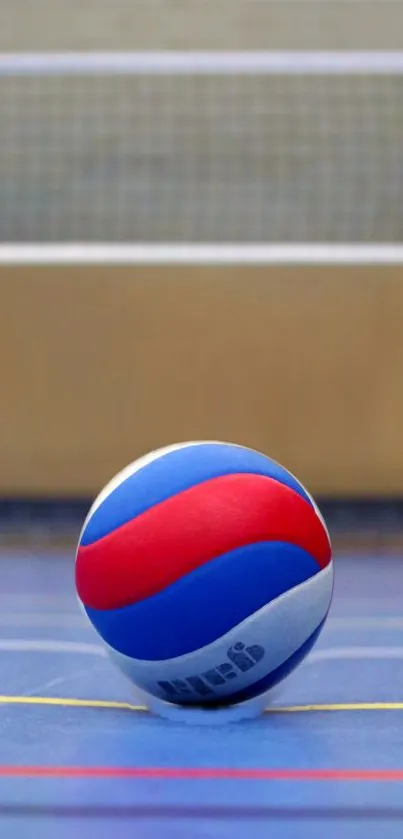 Vibrant blue court with volleyball and net.