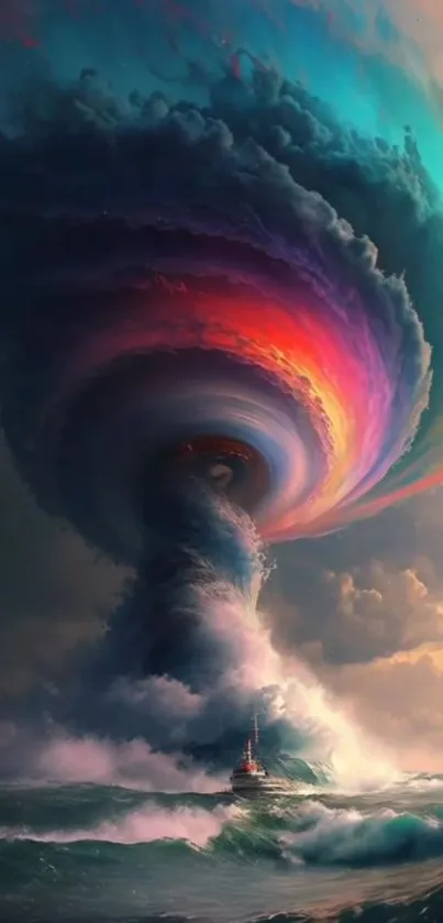 Colorful vortex above ocean with boat in surreal storm.