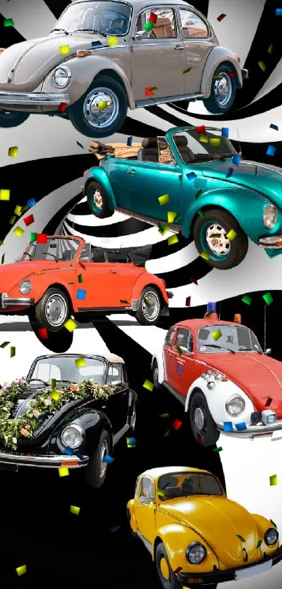 Vibrant VW Beetle cars on a black and white background.