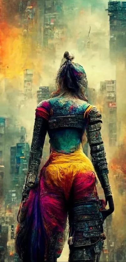 Colorful warrior stands in fiery cityscape, blending fantasy and urban art.