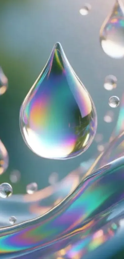 Colorful water droplets with iridescent reflections.