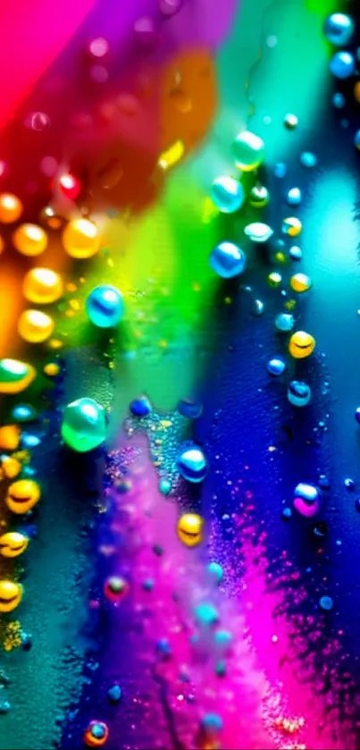 Vibrant abstract wallpaper with colorful water droplets creating a rainbow effect.