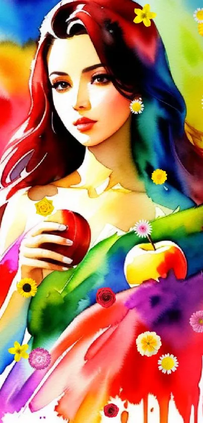 Artistic watercolor image of a woman with colorful splashes holding an apple.