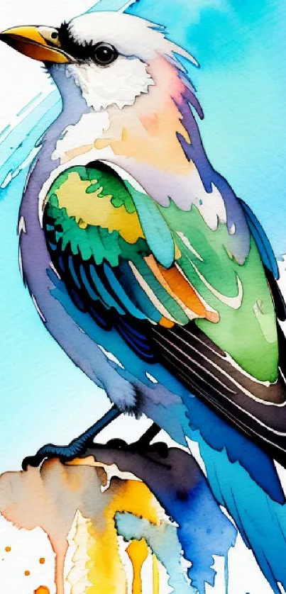 Vibrant watercolor illustration of a bird with blue and green hues.