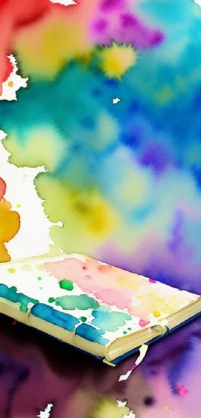 Colorful watercolor artwork featuring a book and vibrant splashes.