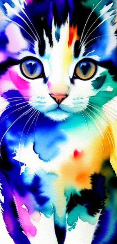 Vibrant watercolor cat artwork for phone wallpaper.