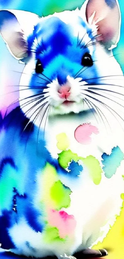 Colorful watercolor chinchilla with vibrant hues.