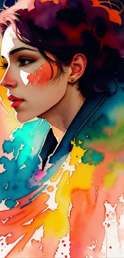 Colorful watercolor portrait with vibrant splashes and creative design.