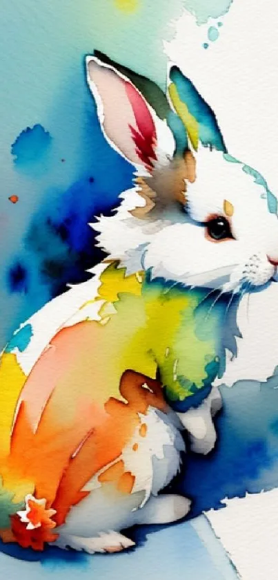 Colorful watercolor rabbit art wallpaper for mobile.