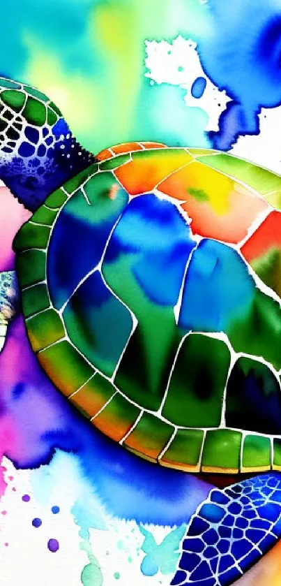 Colorful watercolor turtle artwork on a white background.