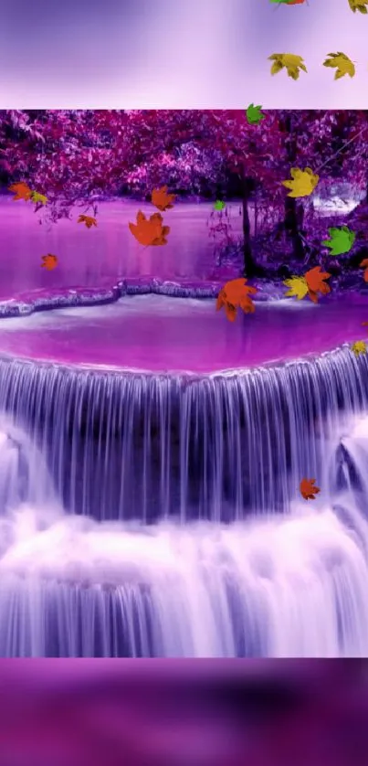 Purple waterfall wallpaper with autumn leaves.