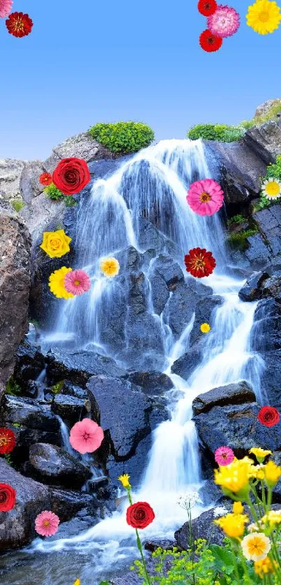 Waterfall with colorful flowers and greenery over rocks.