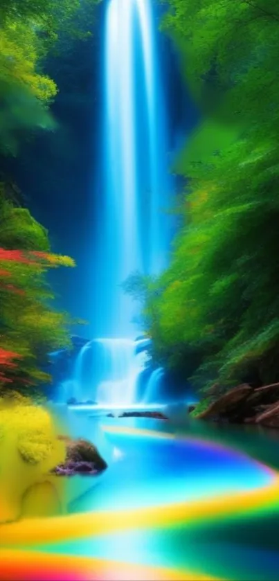 Colorful waterfall surrounded by lush green forest and vibrant scenery.