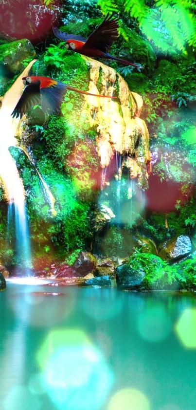 Tropical waterfall with lush greenery and vibrant birds in a serene setting.