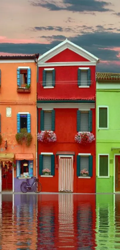 Colorful houses reflecting on water at dusk.