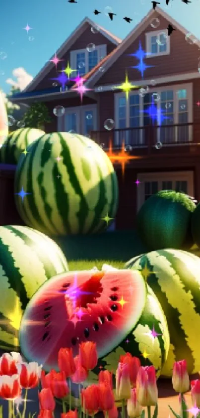 Watermelons and tulips in front of a house under a clear sky with birds.