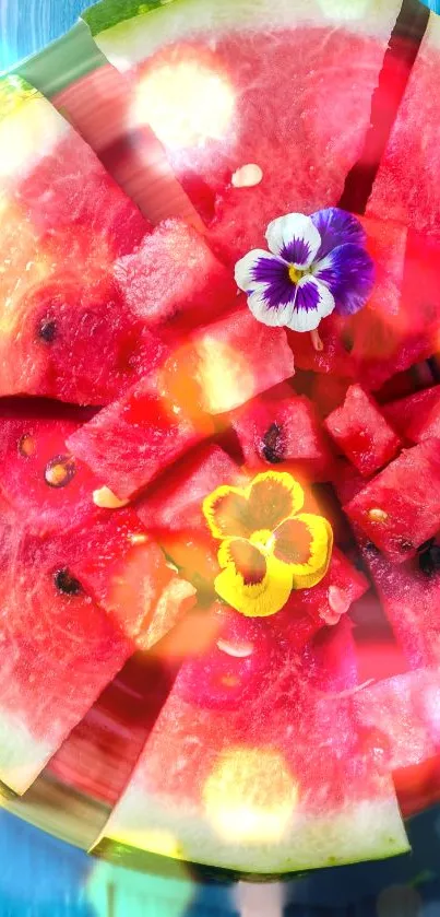 Watermelon slices with flowers on a vibrant summer-themed wallpaper.