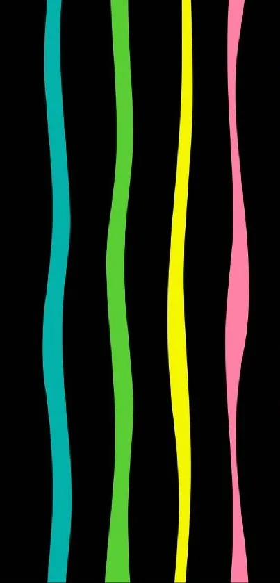 Mobile wallpaper with colorful wavy lines on black.