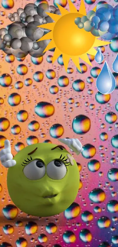 Cute green emoji with sun and rain on colorful background.