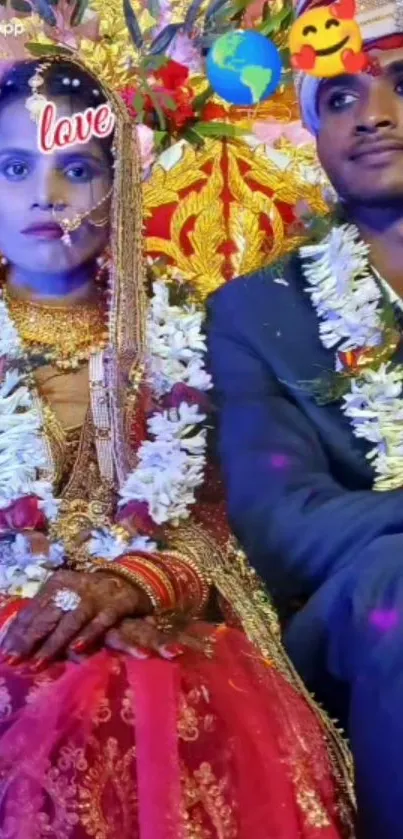 Wedding couple in traditional attire with floral decorations.