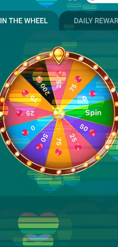 Mobile wallpaper with a colorful spin wheel game interface.