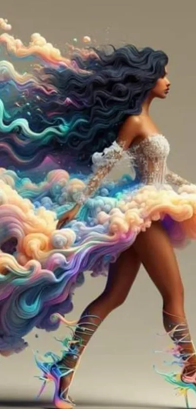 A woman surrounded by vibrant, swirling clouds in a colorful art wallpaper.