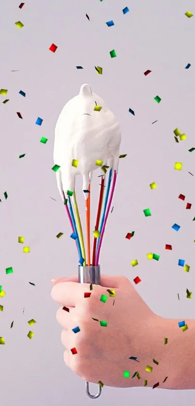 Hand holding a rainbow-colored whisk topped with creamy icing.