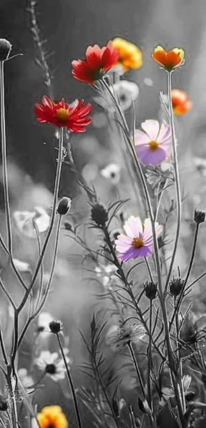 Vibrant wildflowers stand out against a grayscale background.