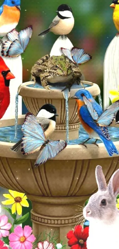 Vibrant nature wallpaper with birds, rabbit, and butterflies by a fountain.