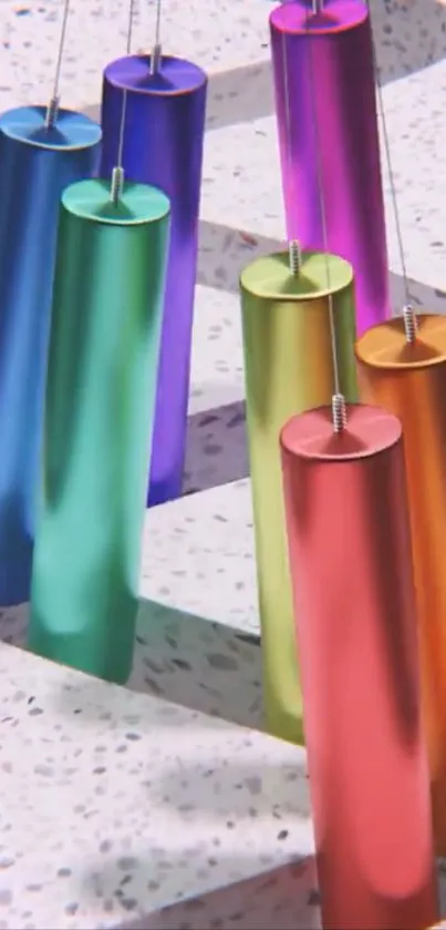 Colorful wind chimes with abstract shapes.