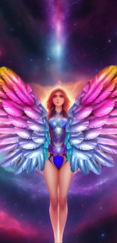 Fantasy art with colorful wings against cosmic background.