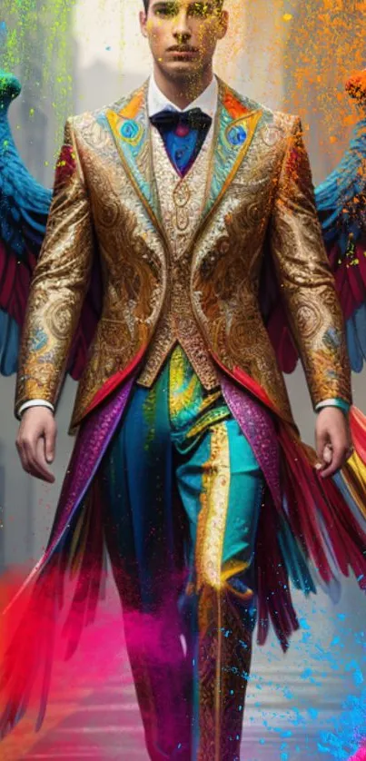 Vibrant winged character in ornate colorful suit.