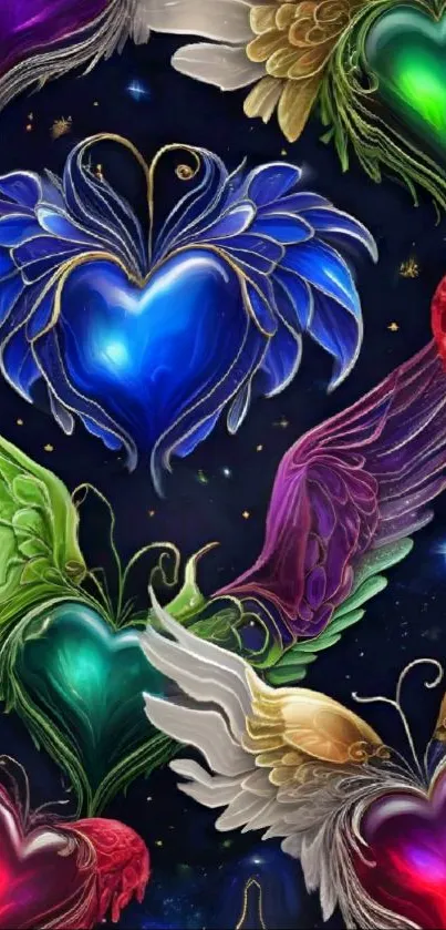 Colorful winged hearts on dark wallpaper