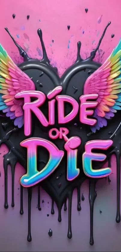 Black heart with rainbow wings and 'Ride or Die' text on a pink background.