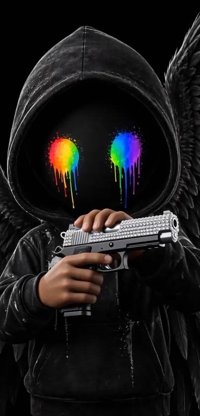 Hooded figure with rainbow eyes and wings holding a metallic gun.