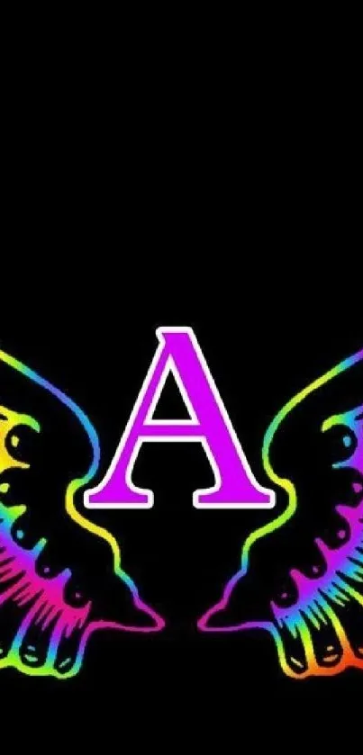 Rainbow-colored wings with letter A on black background.