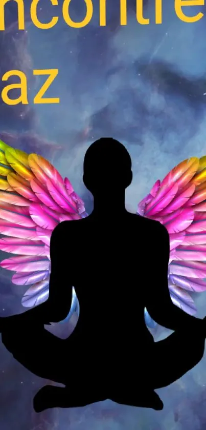 Meditation silhouette with colorful wings on cosmic background.