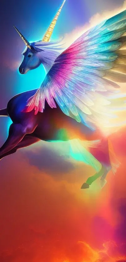 Colorful winged unicorn soaring through vibrant clouds.