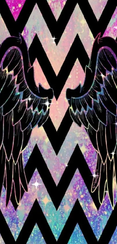 Abstract galaxy wallpaper with black wings on a pink chevron pattern.