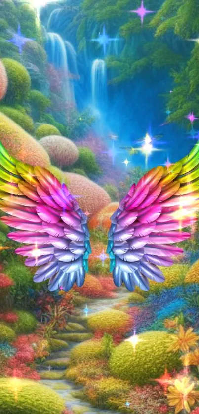 Colorful wings in a fantasy forest with sparkling stars.