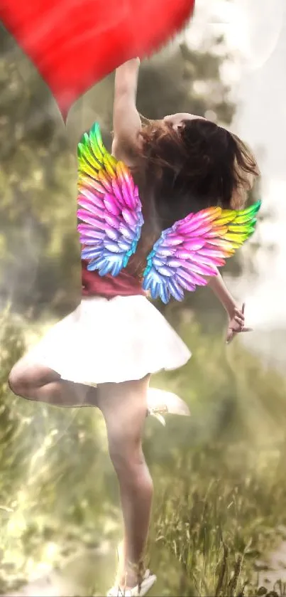 Girl with colorful wings leaping joyfully in a dreamy fantasy setting.