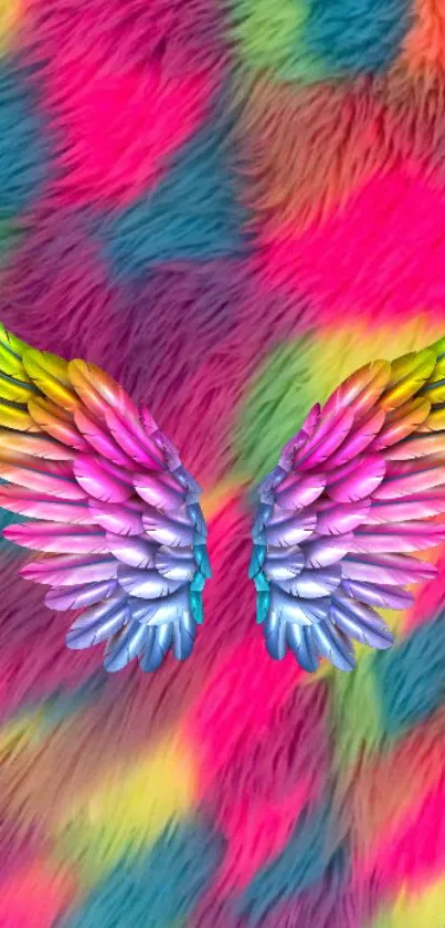 Colorful wings on a vibrant furry background.