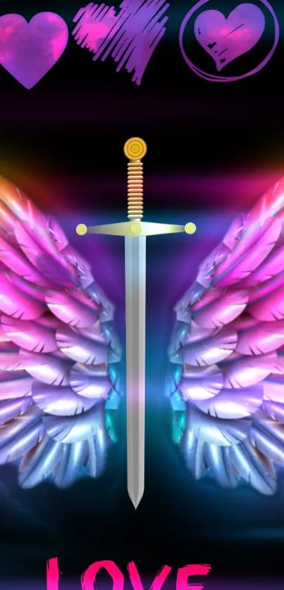 Vibrant neon wings with sword and hearts wallpaper.