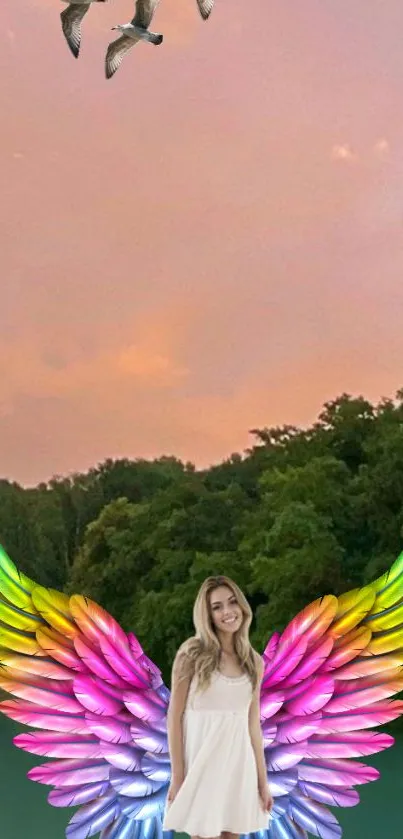 Woman with colorful wings in a scenic backdrop with pastel sky and trees.