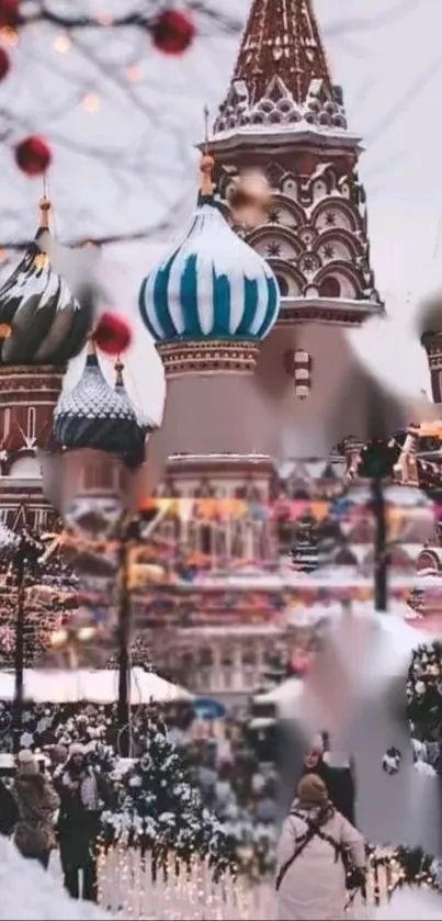 Snowy Russian cathedral with colorful domes in winter.