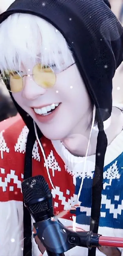 Person wearing colorful winter sweater and headphones, smiling.