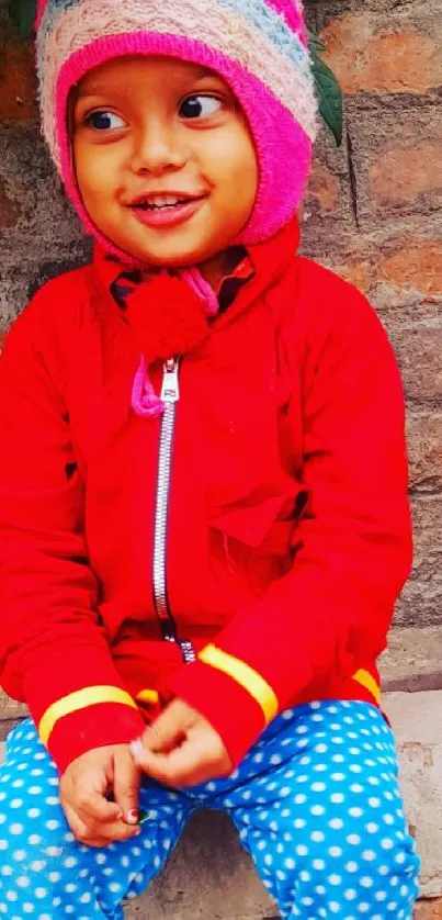 Child in colorful winter clothes against a brick wall.